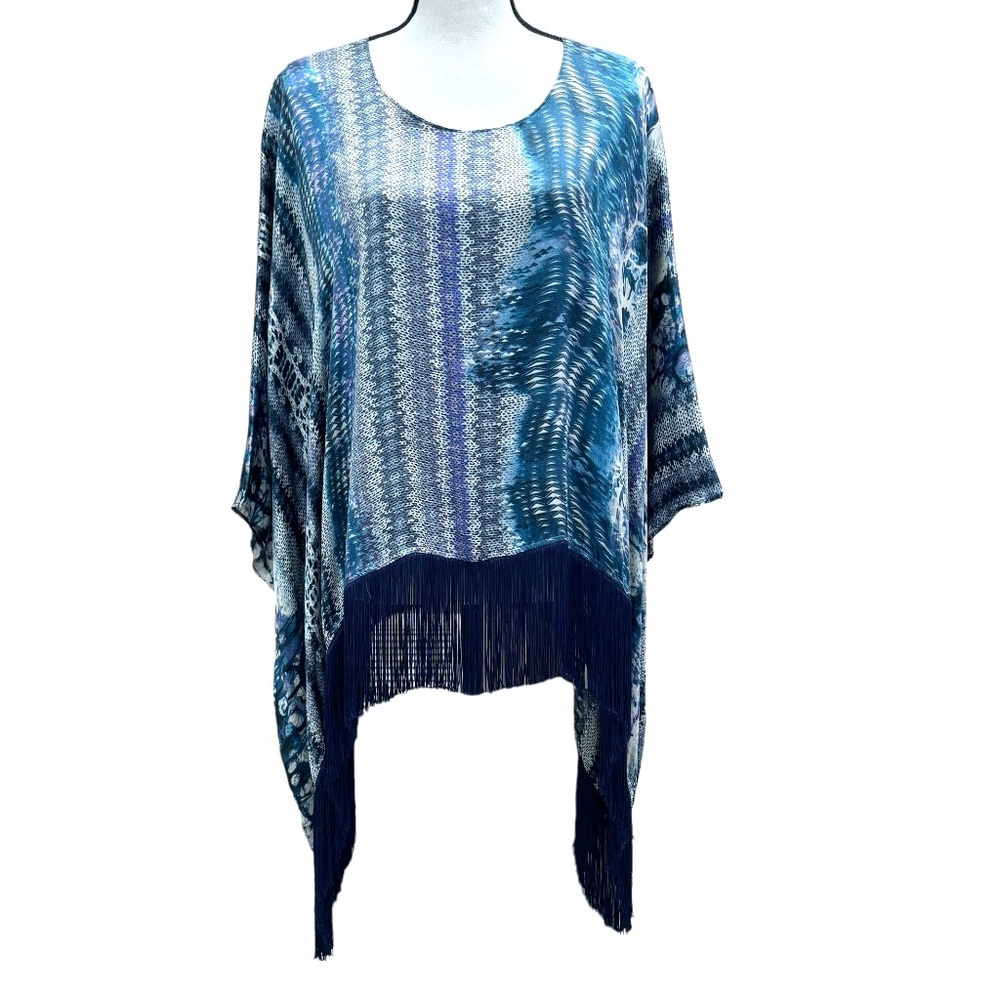 ALEXIS BLUE/PURPLE/GREEN PATTERNED SILK PONCHO WITH FRINGE